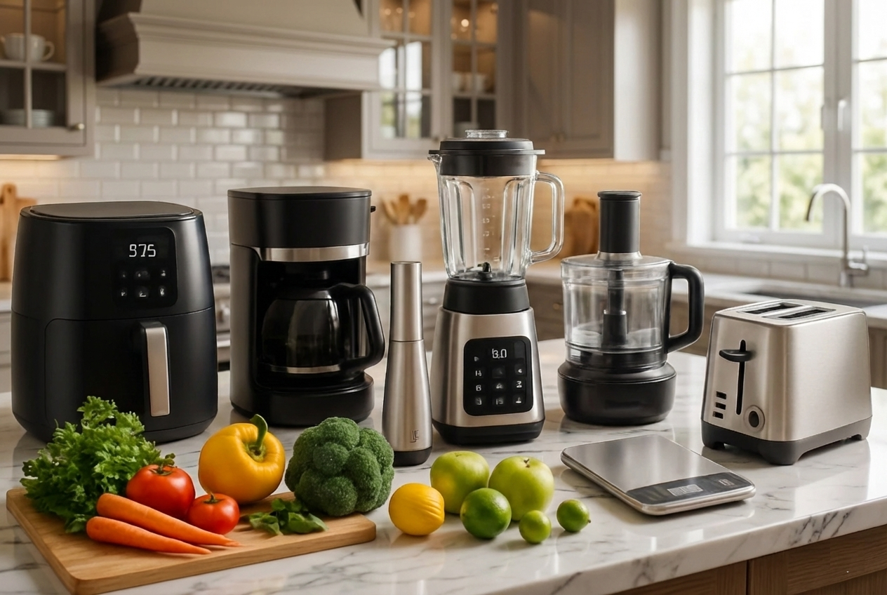 Modern kitchen with various cooking appliances and fresh vegetables